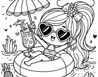 Girl Floating Coloring Page | Kids Printable Coloring Page | Summer Time Coloring Page