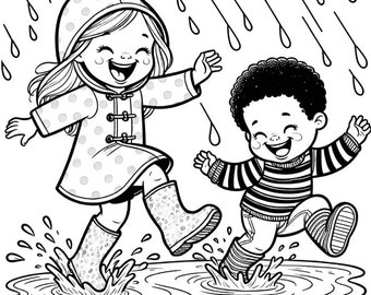 Kids Dancing In Puddles Coloring Page | Kids Printable Coloring Page | Rainy Day Coloring Page