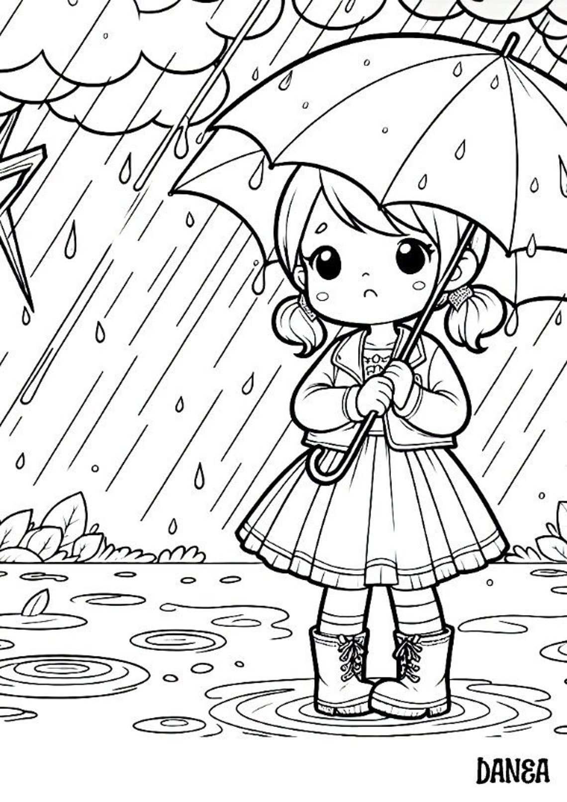 Rainy Day Coloring Page | Kids Printable Coloring Page | Girl Stuck in ...