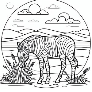 Puede incluir: Un dibujo en blanco y negro de una cebra de pie en un campo de hierba. La cebra está mirando hacia abajo y parece estar comiendo hierba. El fondo es un paisaje simple con colinas y nubes.