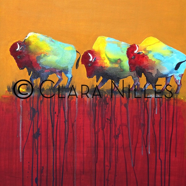 Archival Giclee Canvas Print, Bison on Mustard Paprika, 7.5 x 10", American Buffalo, Southwest Colors, Bison Buffalo Art