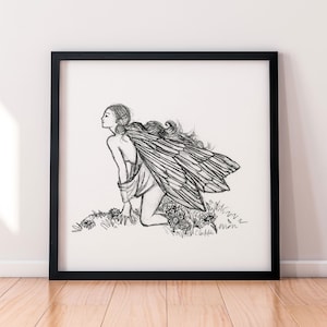 Alas de hadas: impresión artística en blanco y negro (enmarcada), boceto en blanco y negro. Arte mural caprichoso dibujado a mano, ilustración de arte lineal, decoración de habitación de niña