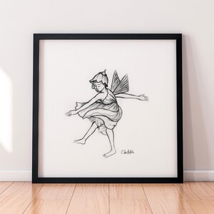 Hada bailarina: impresión artística en blanco y negro (enmarcada), arte mural caprichoso, dibujo de hadas, ilustración de boceto en blanco y negro, arte femenino dibujado a mano