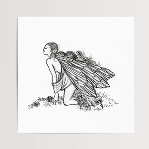 Alas de hadas: impresión artística en blanco y negro (sin marco), boceto en blanco y negro. Arte mural caprichoso dibujado a mano, ilustración de arte lineal, decoración de habitación de niña