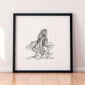 Niño interior: impresión artística en blanco y negro (enmarcada), arte de hadas dibujado a mano, arte de niña caprichosa, dibujo a lápiz en blanco y negro, decoración de habitación femenina