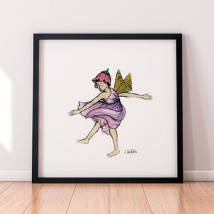 Hada danzante: impresión artística en color (enmarcada), arte de pared caprichoso, dibujo de hada, boceto femenino dibujado a mano, ilustración de hada en acuarela