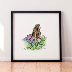 Niño interior: impresión artística en color (enmarcada), hada dibujada a mano, arte de niña caprichosa, dibujo a lápiz, ilustración en acuarela, decoración de habitación de niña
