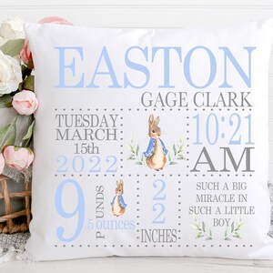 Baby Boy Birth Announcement Pillow - Personalized Baby Pillow - Nursery Baby Pillow - Baby Birth Stat Pillow - Baby - Nursery Decor Bunny