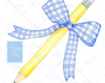 Grandmillenial Watercolor Pencil, Preppy Blue Gingham Bow, PNG, Instant Digital Download, Watercolor Clip Art for DTF, Tags & Stationery, 2