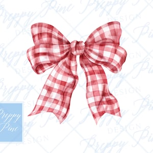 May include: A red and white gingham bow with a large, looped center. The bow is tied in a knot and the ends are flowing.