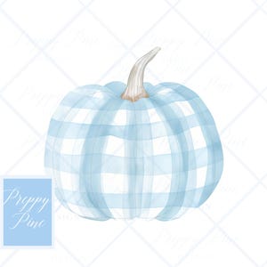 May include: Watercolor illustration of a light blue pumpkin with a white gingham pattern. The pumpkin has a beige stem and is set against a white background. A blue square with the text "Preppy Pine" is in the lower left corner.