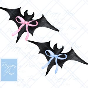 Grandmillenial Watercolor Bat Pair, Pink Bow Bat, Blue Bow Bat, PNG, Instant Digital Download, Watercolor Clip Art for DTF, Tags, Stationery