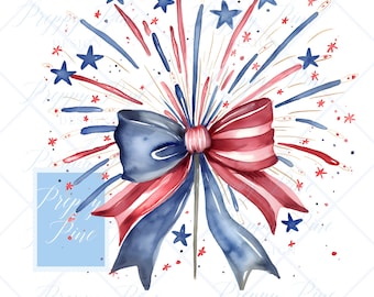 Grandmillenial Traditional Bow Sparkler, PNG, Instant Digital Download, Watercolor Clip Art for DTF, Tags & Stationery, Preppy 4th of July