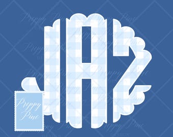 Grandmillenial Blue Gingham Scalloped Monogram, Coastal & Preppy, Full Alphabet PNG, Digital Download, DTF Transfer, Monogram Letters A-Z