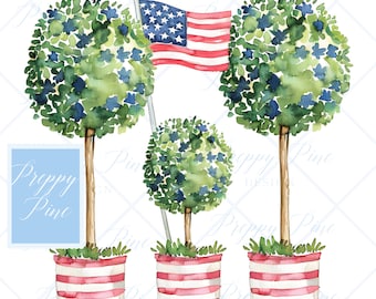 Grandmillenial Boxwood Topiary, PNG, Instant Digital Download, Watercolor Clip Art for DTF, Tags & Stationery, Preppy Fourth of July