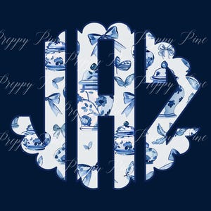 May include: A white monogram with the letters "JAZ" in a blue and white chinoiserie pattern. The pattern features blue and white porcelain vases, butterflies, and bows.
