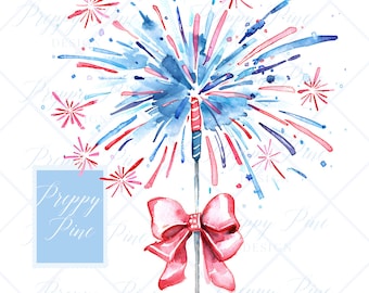 Grandmillenial Coquette Sparkler, PNG, sofortiger digitaler Download, Aquarell ClipArt für DTF, Tags & Briefpapier, Preppy Fourth of July