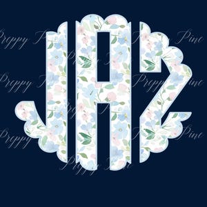 Grandmillenial Ditsy Floral Scalloped Monogram, Coastal & Preppy, Full Alphabet PNG, Digital Download, DTF Transfer, Monogram Letters A-Z