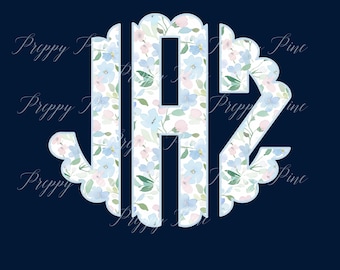 Grandmillenial Ditsy Floral Scalloped Monogram, Coastal & Preppy, Full Alphabet PNG, Digital Download, DTF Transfer, Monogram Letters A-Z