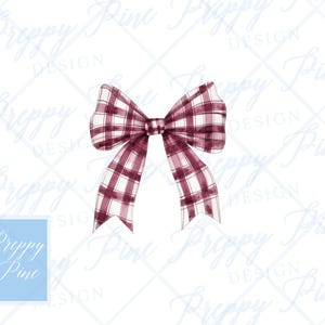 May include: Watercolor illustration of a burgundy and white plaid bow. The bow is centered on a white background with the words "Preppy Pine Design" in a light blue box in the lower left corner.