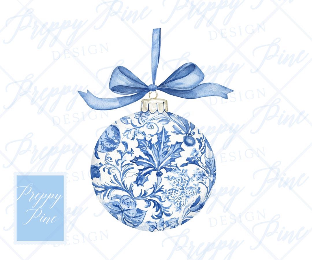 Watercolor Light Blue Toile Christmas Ornament Watercolor PNG, Digital ...