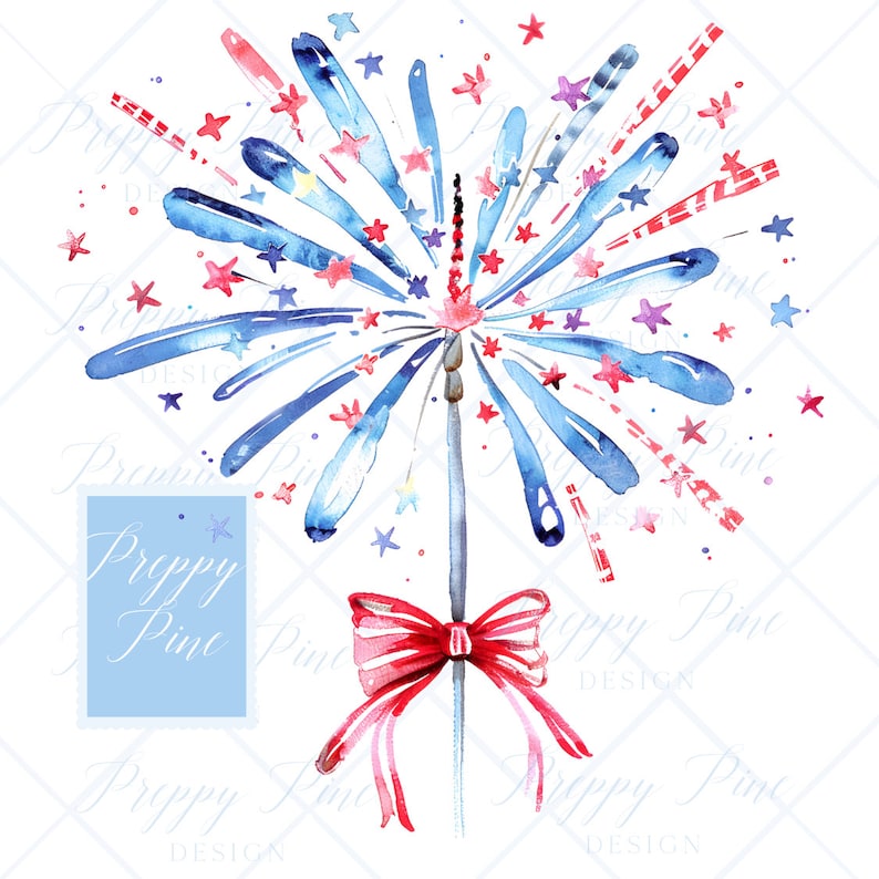 May include: A watercolor painting of a red, white, and blue firework with a red bow tied around the base. The firework is on a white background.
