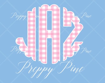 Grandmillenial Pink Gingham Scalloped Monogram, Coastal & Preppy, Full Alphabet PNG, Digital Download, DTF Transfer, Monogram Letters A-Z