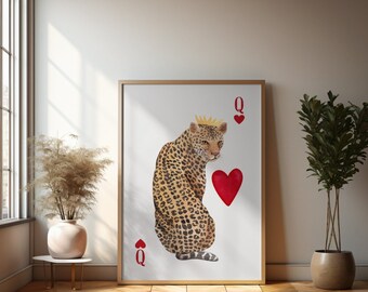 Funky Leopard Print, Playing Card Wall Art, Retro Pink Wall Art,Pink Tiger Trendy Poster, Queen Card Wall Art,Trendy Apartment Aesthetic
