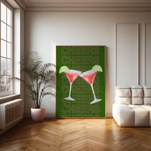 Impression d'art cocktail Cheers rétro : décoration de bar verte et rose (téléchargement numérique)