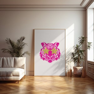 Pink Tiger Print Wall Art, Funky Retro Pink Wall Art Wall Decor,Pink Tiger Trendy Poster, Gold Star Pink Poster Print, Aesthetic Wall Decor