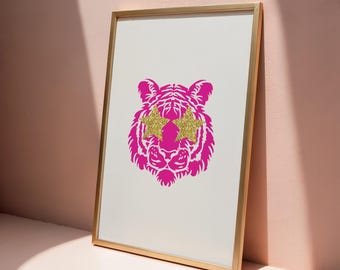 Pink Tiger Gold Stern Poster: Funky Animal Wandbild, Retro Dopamin Dekor Print (Digitaler Download)