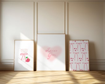 Trendy Pink Wall Art Coquette Room Decor, Modern Bows & Glass Trio, Strawberry Print, Girly Aesthetic