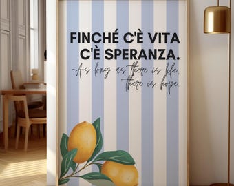 Póster con cita italiana: Arte mural retro de limones, estampado de la Costa Amalfitana, decoración La Dolce Vita, arte estético para la cocina (descarga digital)