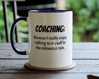 Coaching 'Sideways Rain' Two-Tone Tea Coffee Mug Perfect End of Season Gift for Football Netball Sports Coaches and Managers (Worlds Best)