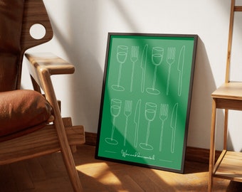 Puede incluir: Un póster verde enmarcado con un dibujo de línea blanca de copas de vino, tenedores y cuchillos. El texto "Wine and dine essentials" está en la parte inferior del póster.