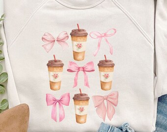 Latte and bows PNG sublimation trendy bows png Pink Coquette PNG digital download feminine era PNG girlie day pink png sublimation latte png
