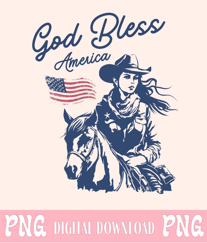 Puede incluir: Una silueta azul de una mujer montando un caballo con un sombrero de vaquero y una bufanda. La mujer est&aacute; sujetando las riendas y mirando hacia la derecha. El fondo es de color rosa claro con el texto "God Bless America" y una bandera estadounidense roja, blanca y azul.