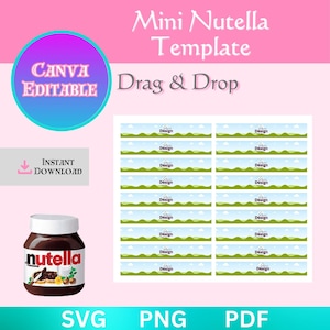 Peut inclure: Un modèle imprimable pour créer des étiquettes pour des pots de Nutella miniatures. Le modèle présente un ciel bleu avec des nuages blancs et de l'herbe verte. Le texte "Design" est répété sur chaque étiquette. Le modèle est disponible aux formats SVG, PNG et PDF.