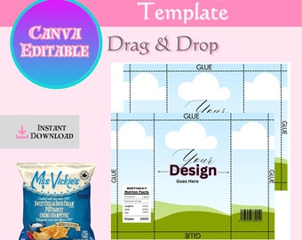 May include: A printable chip bag template with a blue sky, white clouds, and green grass background. The template includes the text "Your Design Goes Here" and "Glue" labels for assembly. The template is designed for use with Canva.