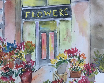 Flower Shop Original Watercolor Painting