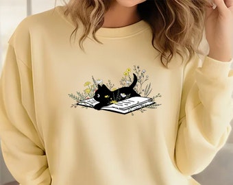 Floral Cat Sweatshirt, Cat Lover Crewneck, Cat Book Sweater, Cat Lover Gift, Cat Mom Sweatshirt Gift, Cat Sweater, Cute Book Cat Sweatshirt