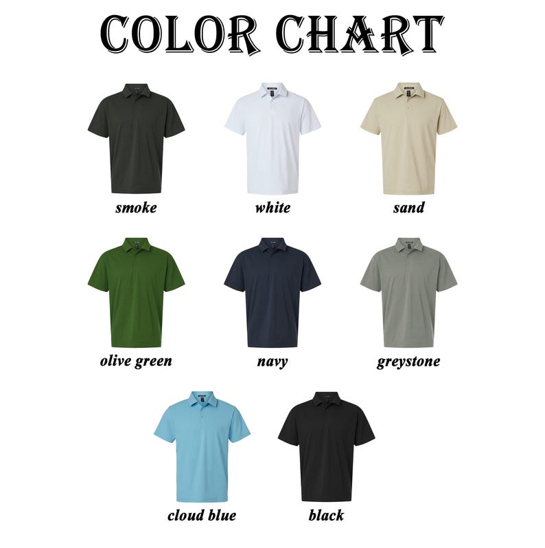 Puede incluir: Una carta de colores que muestra nueve polos de diferentes colores. Los colores incluyen humo, blanco, arena, verde oliva, azul marino, greystone, azul nube y negro. El texto "COLOR CHART" est&aacute; en la parte superior de la imagen.