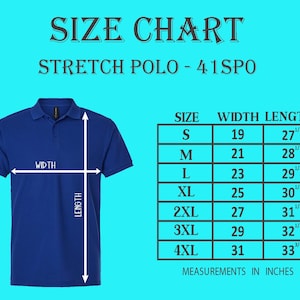 Puede incluir: Un polo el&aacute;stico azul real con una tabla de tallas. La tabla muestra las medidas en pulgadas para las tallas S a 4XL, con anchos que van desde 48,26 cm a 78,74 cm y largos de 69,85 cm a 85,72 cm. El texto "SIZE CHART" est&aacute; en la parte superior.
