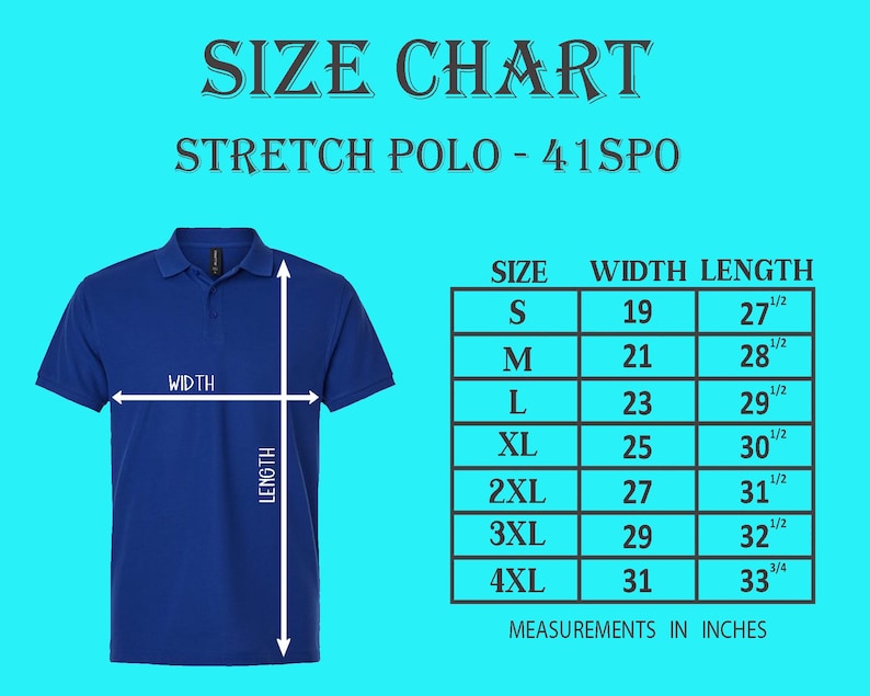 Puede incluir: Un polo el&aacute;stico azul real con una tabla de tallas. La tabla muestra las medidas en pulgadas para las tallas S a 4XL, con anchos que van desde 48,26 cm a 78,74 cm y largos de 69,85 cm a 85,72 cm. El texto "SIZE CHART" est&aacute; en la parte superior.