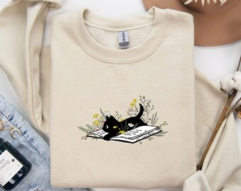 Floral Cat Sweatshirt, Cat Lover Crewneck, Cat Book Sweater, Cat Lover Gift, Cat Mom Sweatshirt Gift, Cat Sweater, Cute Book Cat Sweatshirt