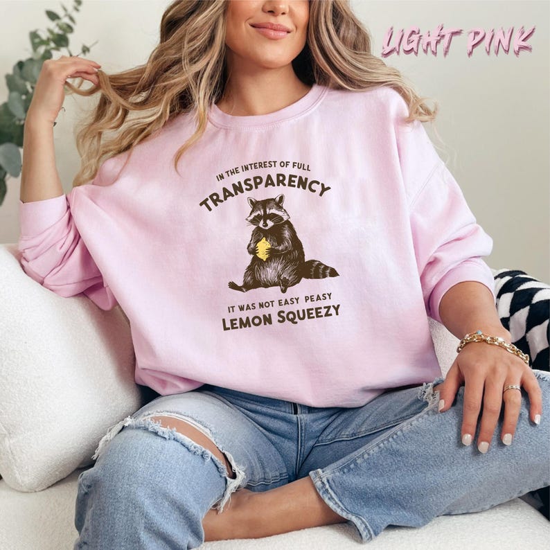 May include: A light pink sweatshirt with a raccoon graphic and the text "In the interest of full transparency, it was not easy peasy lemon squeezy."