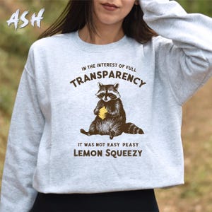May include: A gray sweatshirt with the text "In the interest of full transparency it was not easy peasy lemon squeezy" and a cartoon raccoon holding a lemon.
