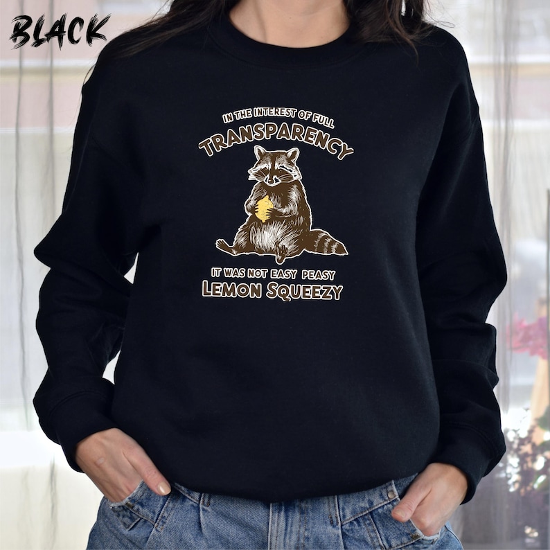 May include: Black sweatshirt with a graphic of a raccoon holding a lemon. The text reads "In the interest of full transparency, it was not easy peasy lemon squeezy."