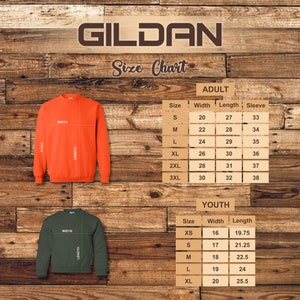 May include: Size chart for Gildan sweatshirts in adult and youth sizes. The chart shows the width, length, and sleeve length in inches for each size.