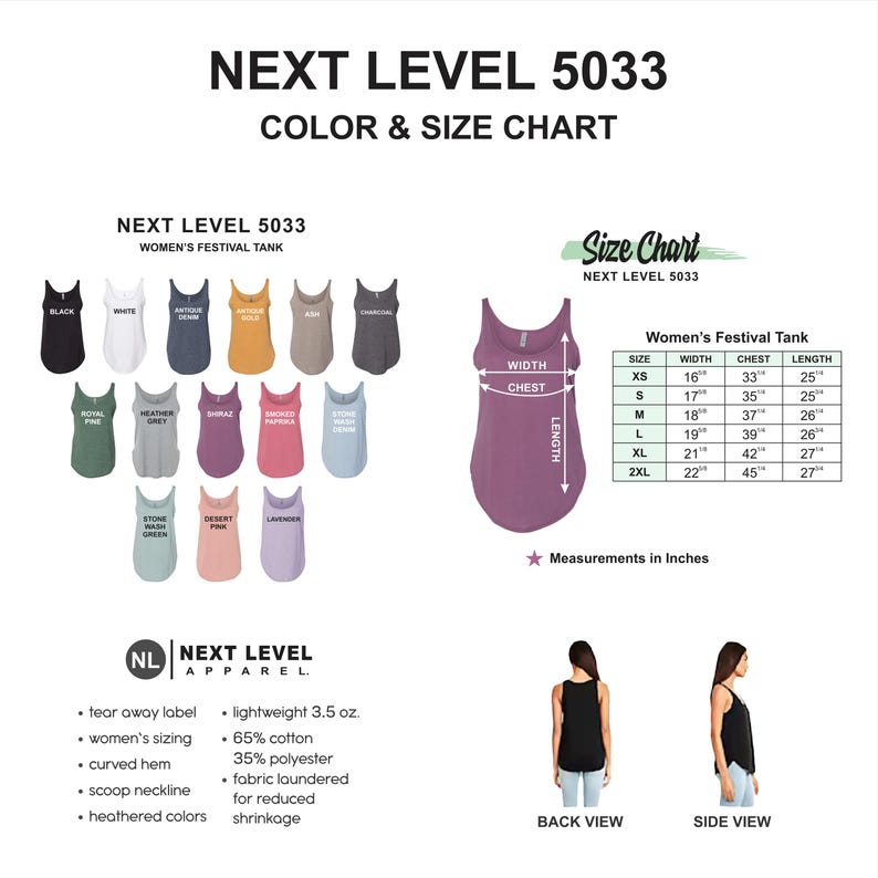 May include: Size chart for a women's festival tank top. The chart shows the width, chest, and length measurements in inches for sizes XS to 2XL. The tank top is available in a variety of colors, including black, white, antique denim, gold, ash, charcoal, royal pink, heather grey, shiraz, smoked paprika, stone wash green, desert pink, and lavender.